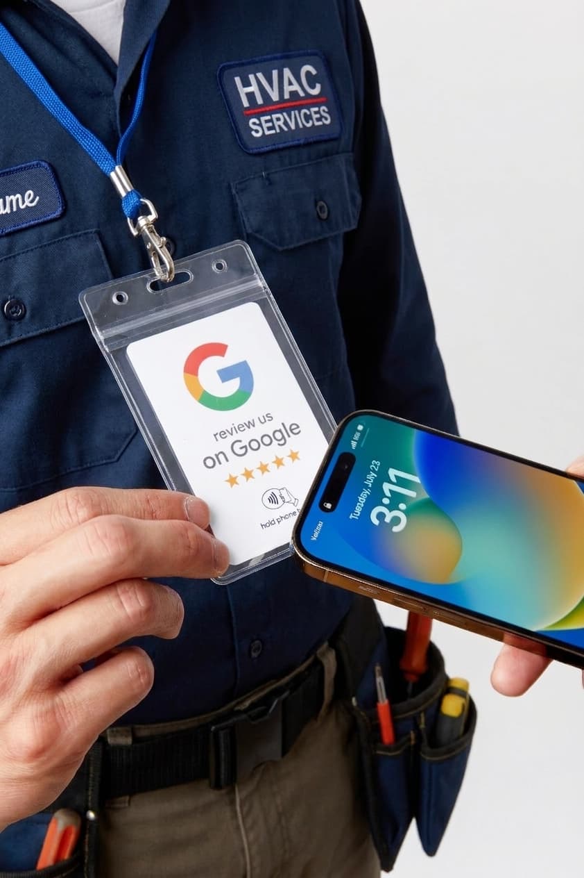 HVAC technician collecting a Google review with the tap card