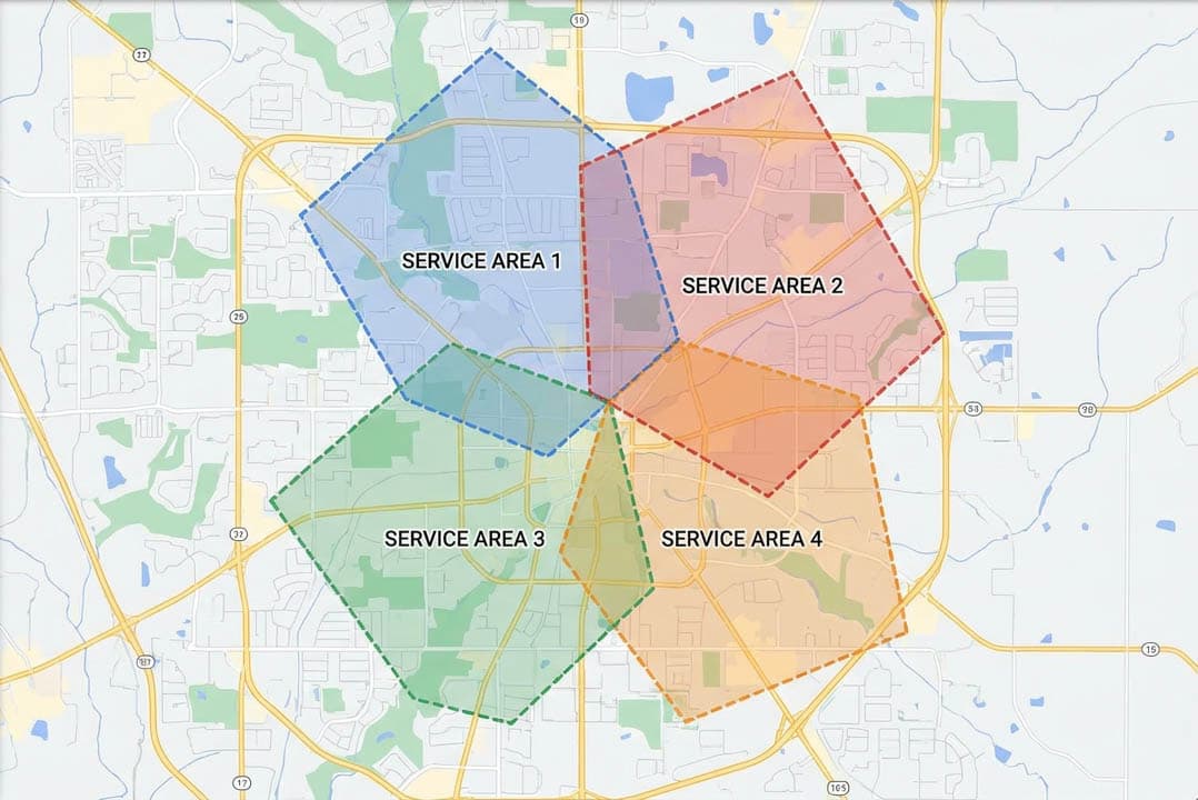Map showing multiple service areas across different metros