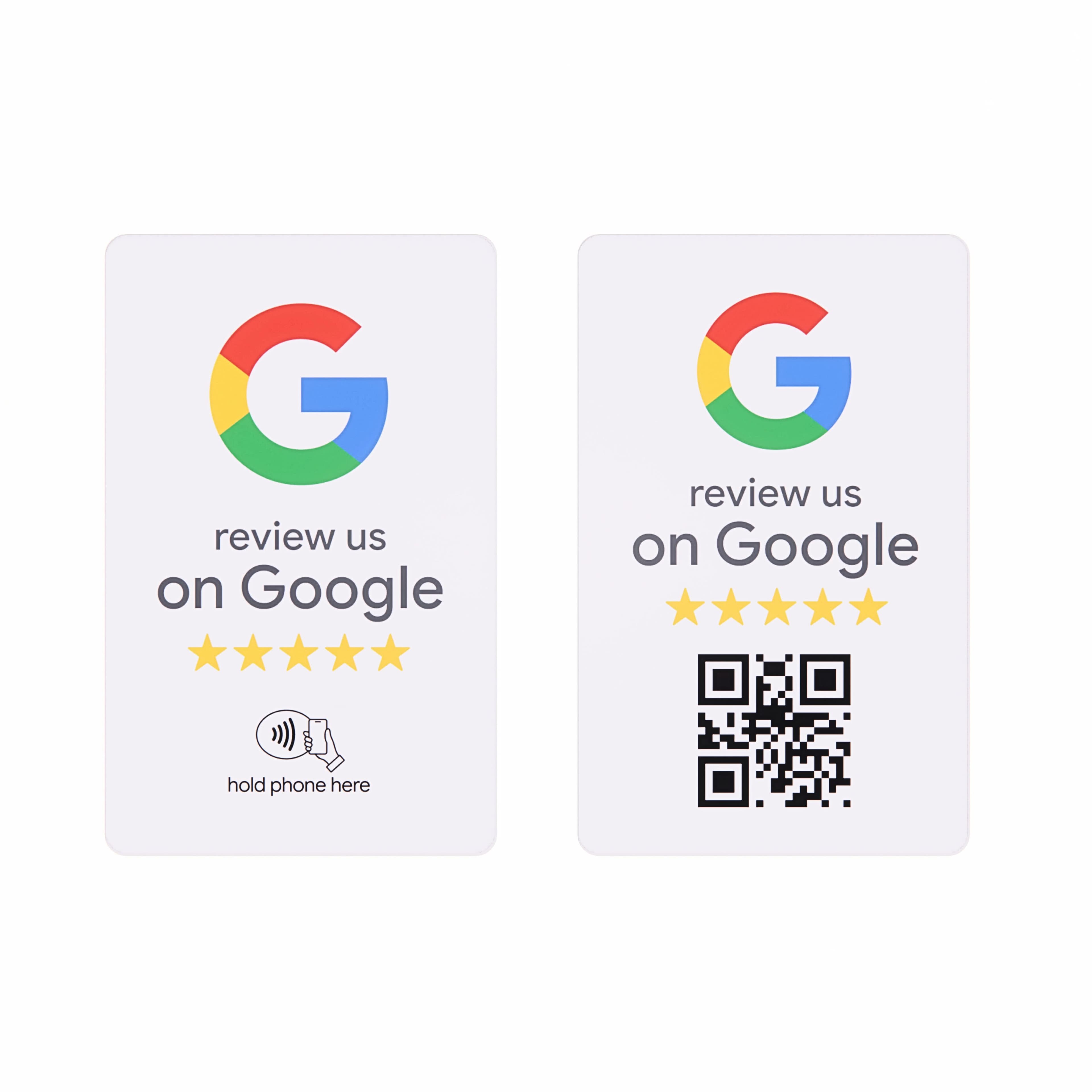 Google Review Card featuring both NFC tap and QR code scan to review