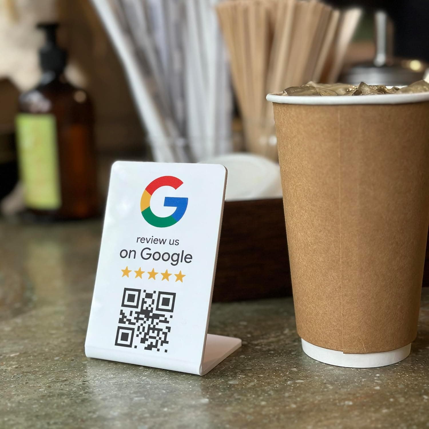 Google Review Stand on a business countertop collecting customer reviews